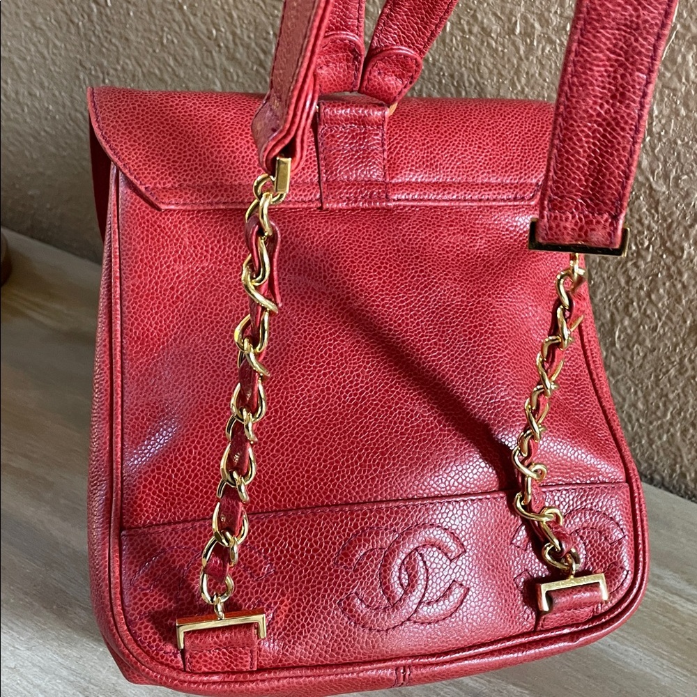 CHANEL  Authentic Red Vintage Backpack Triple CC Purse . Gold Plated Hardware - Picture 4 of 14